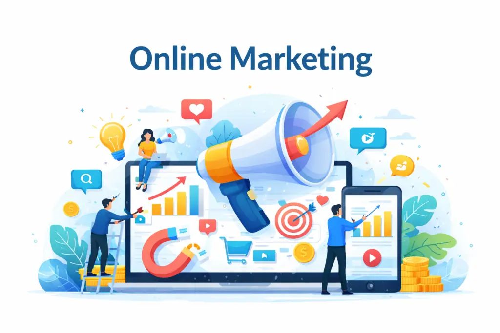 رسم توضيحي تعلم التسويق الالكتروني من الصفر وأدوات التسويق عبر الإنترنت