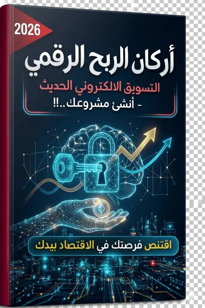 غلاف الكتاب الإلكتروني "أركان الربح الرقمي" بتصميم عصري يبرز التسويق الإلكتروني، التجارة الرقمية، واستخدام الذكاء الاصطناعي.